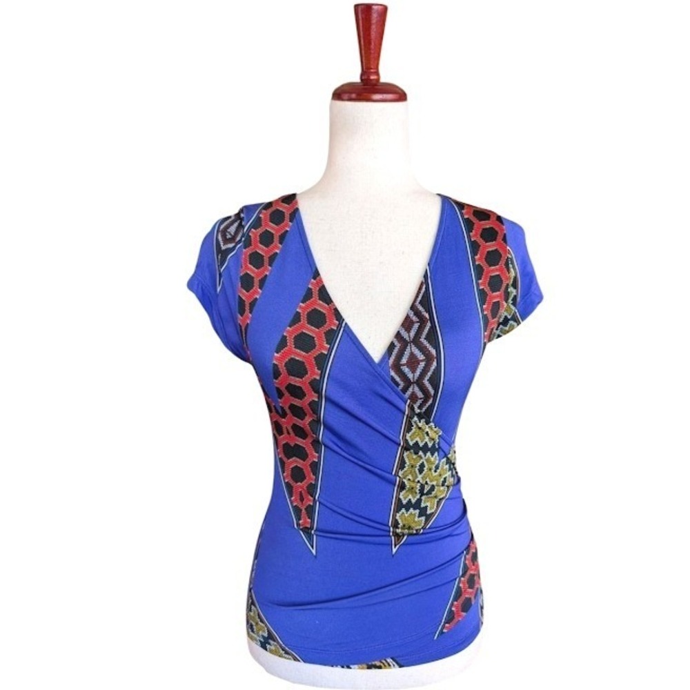 Etro Milano Purple Geometric Tribal Print Wrap V-Neck Short Sleeve Top IT 38